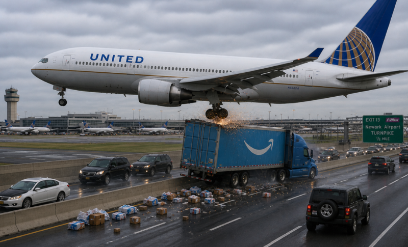 美聯航767客機降落階段撞壞路燈桿掀翻卡車