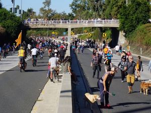洛杉矶5万人踏上110高速公路 响应无车日