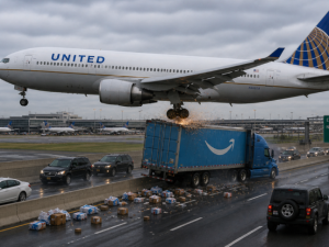 美聯航767客機降落階段撞壞路燈桿掀翻卡車